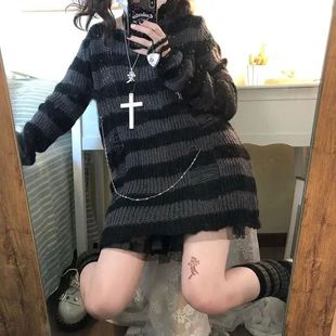 Striped Gothic Ripped Size Women Grey Sweaters Over Lolita