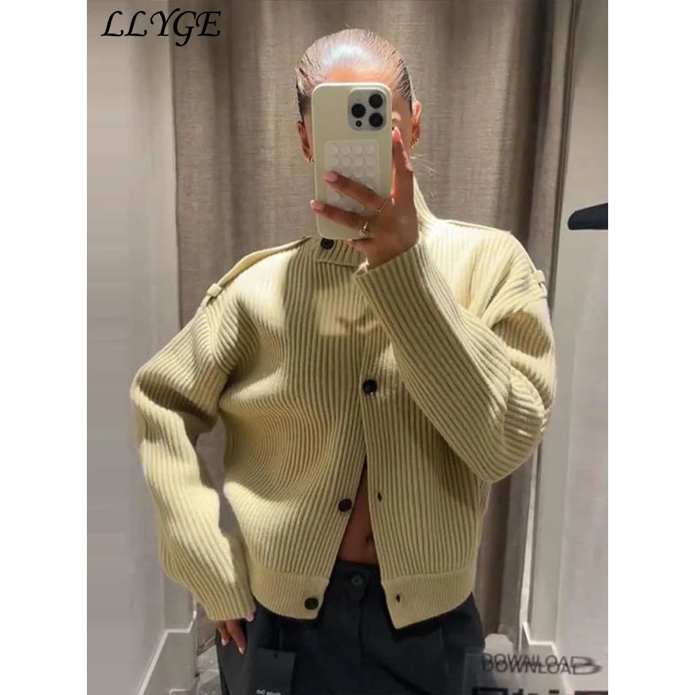 Casual Women's Knit Ribbed Cardigans Stand Collar Single Bre