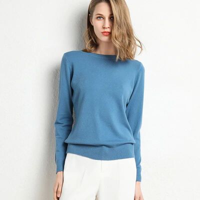 Women Slim O-Neck Solid Pullover Cashmere Wool Blending Swea