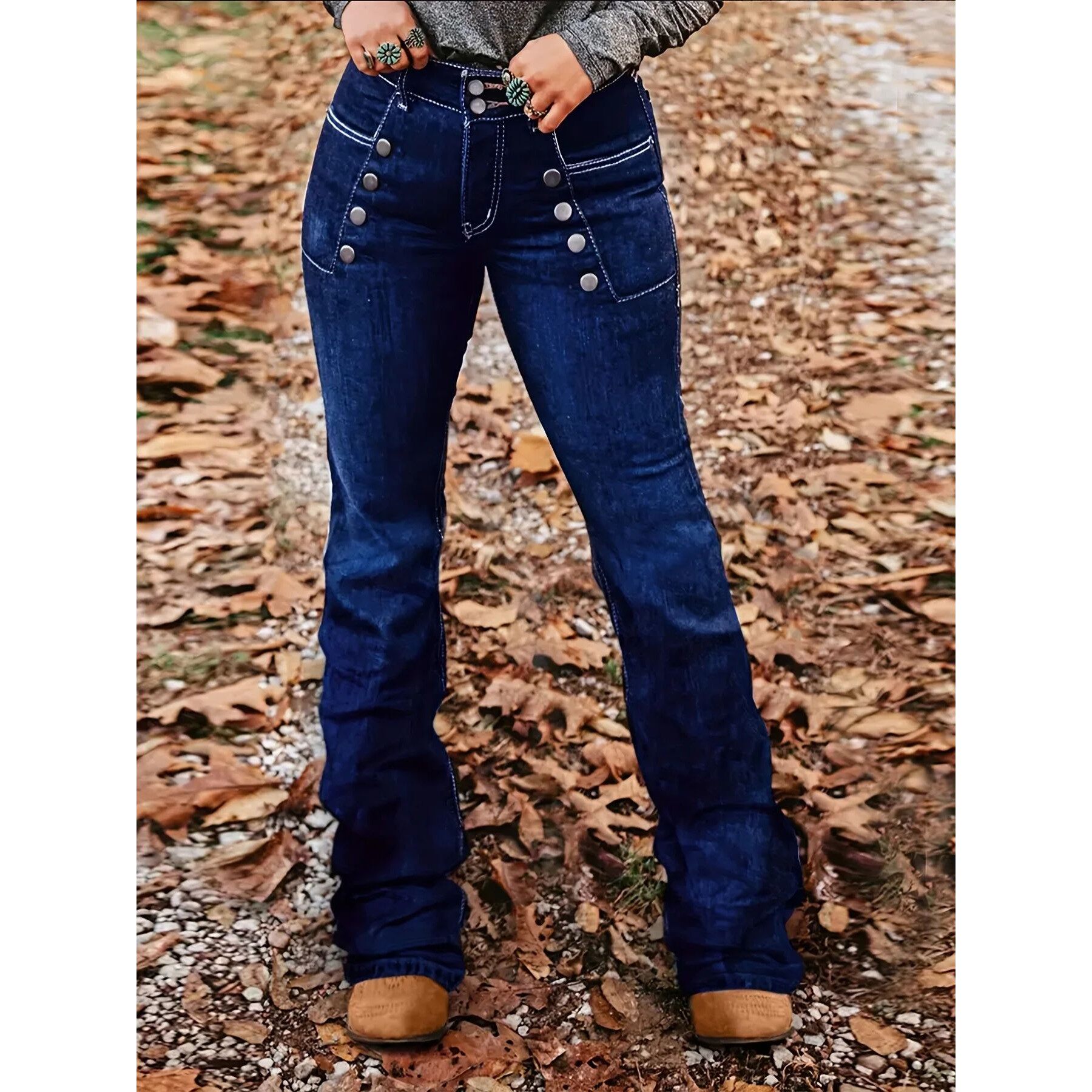 Women's mid high waisted elastic button deep blue micro flar