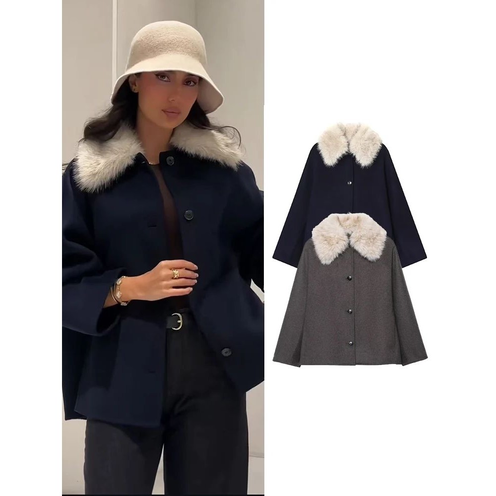 ? TFMLN Fall Winter New Women Coats Wool Blends Faux Fur Spl