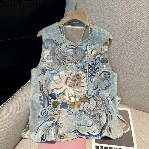 Sleeveless Cardigan Women Vest Chinese Style O-neck Loose Wa