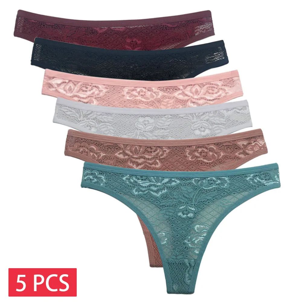 5PCS/SET Sexy Thongs Women Lace Transparent Underpants M-XL