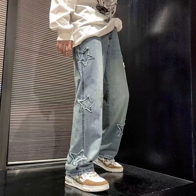 Star Embroidery Straight Casual Men Jeans Gothic Neutral New
