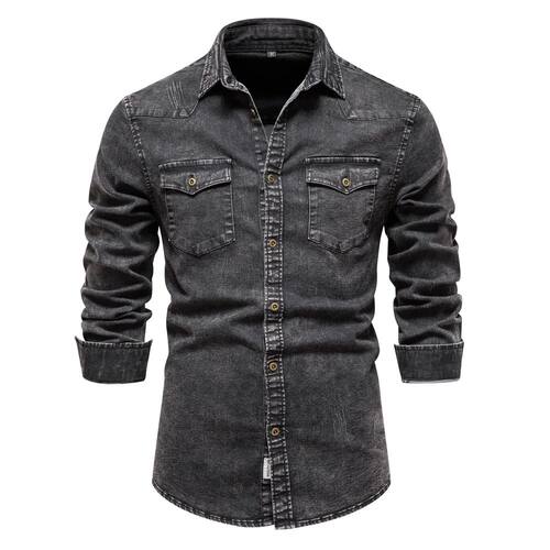 AIOPESON Cotton Men Denim Shirts Double Pocket Solid Color C