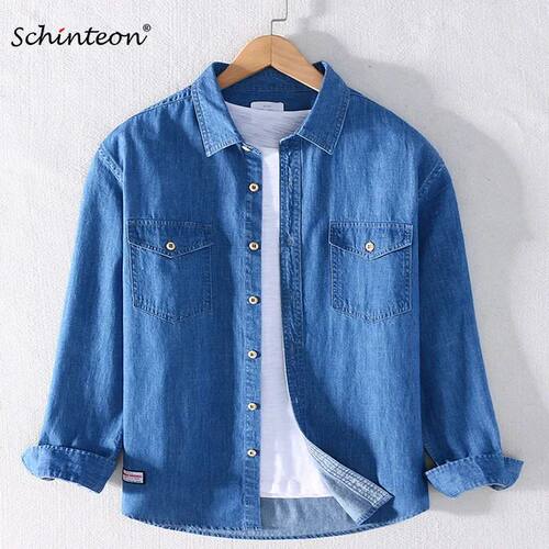 Brand Schinteon 100% Cotton Men Denim Shirt Two Front Pocket