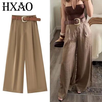 HXAO Women's Pants High Waist Wide Leg Pants with Belt Satin