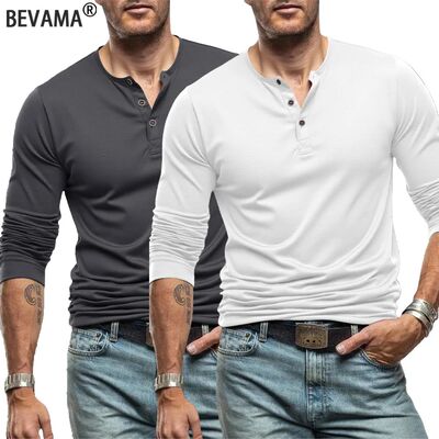 Men's T Shirt Long Sleeve Tops Street Tees Henley Neck Butto