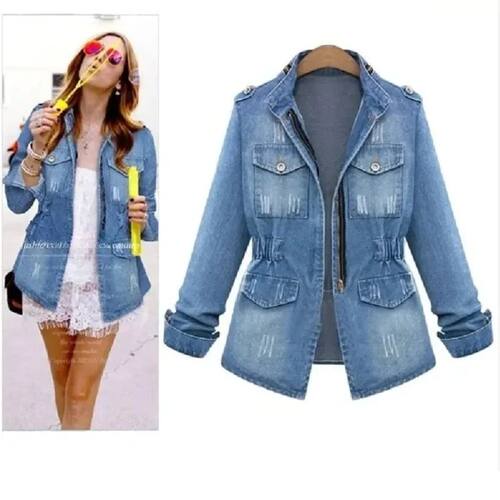 Ripped Stand Collar Long Sleeve Women Slim Washed Denim Jack