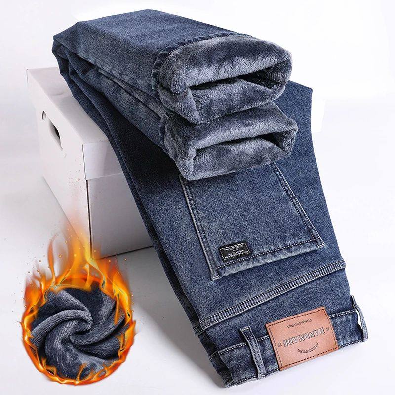 Winter Fleece Thick Warm Jeans Men's Slim Straight Elastic D