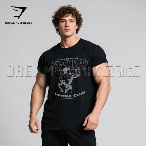 GYM鲨鱼UK限定阿诺德展背纯棉宽松CF高强度健身有氧运动短袖t恤衫