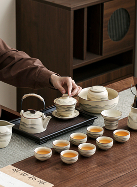 新款汝窑山河墨影功夫茶具套装高档陶瓷手工茶壶泡茶加厚防烫茶杯