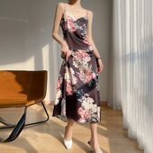 真丝吊带连衣裙女春夏长款 过膝缎面背心裙印花外穿性感打底裙