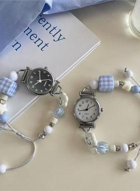 ins风简约可爱数字手表DIY蓝色小方块编织手表女生小香风手链手表