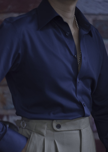 衬衫 深蓝色商务日常修身 免烫抗皱长尖领竹纤维英伦雅痞男休闲长袖