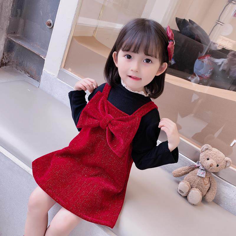 女宝宝春装洋气时髦女童新年衣服春秋连衣裙儿童背带冬款加绒套装