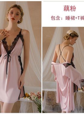 瑰若丝滑缎面性感深V蕾丝系带收腰高开叉睡裙外袍家居服套装19151