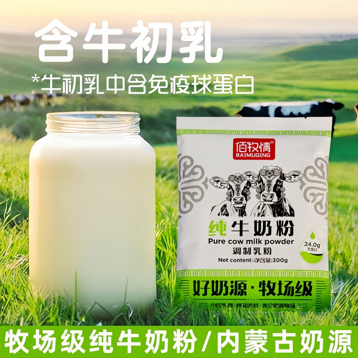 内蒙古纯牛奶粉300g袋装含牛初乳全脂奶粉成人中老年学生老奶粉