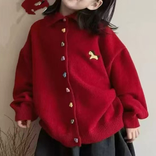 DC2025新款秋冬儿童装绣小马红色毛衣