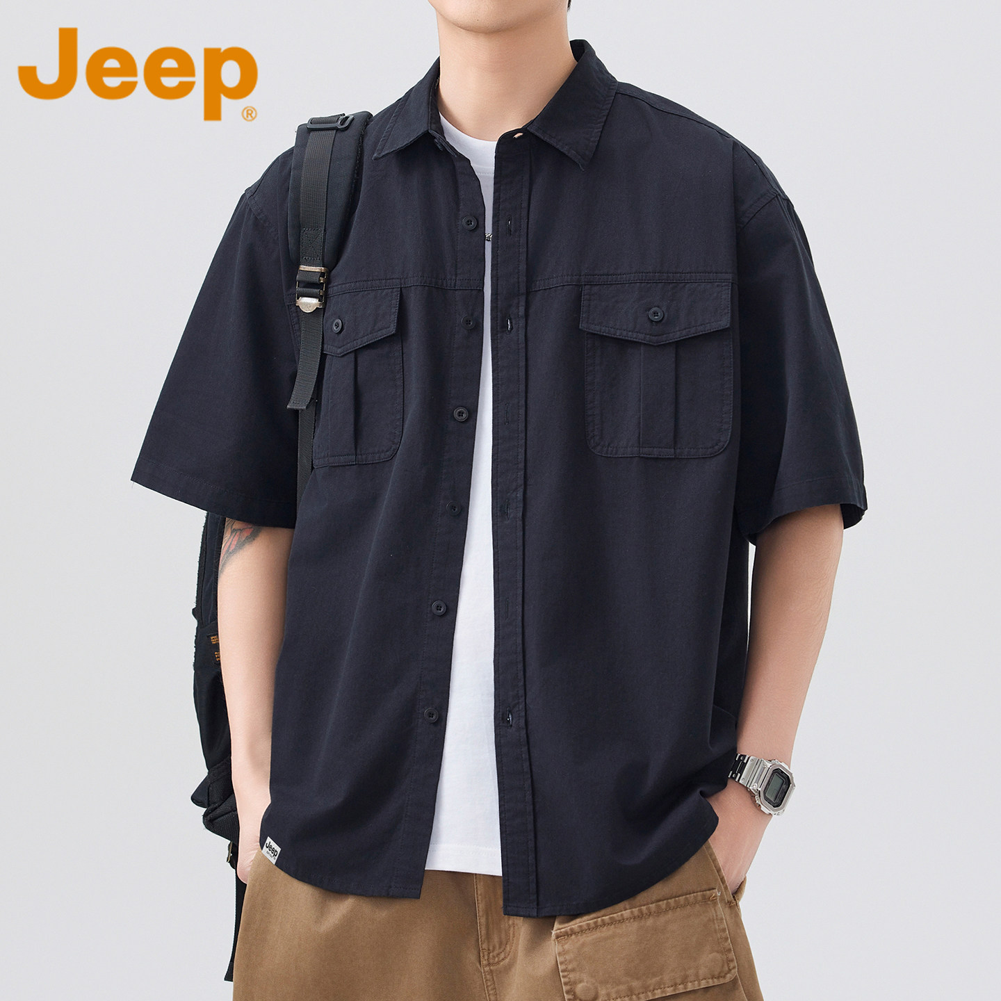 JEEP吉普纯棉工装短袖衬衫男款夏季新款宽松休闲百搭翻领半袖衬衣