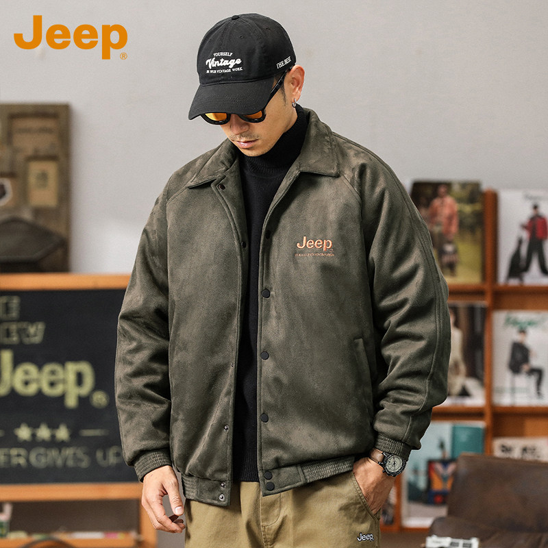 JEEP吉普男士秋冬翻领飞行夹克 美式鹿皮绒加厚棉衣外套 青年潮流