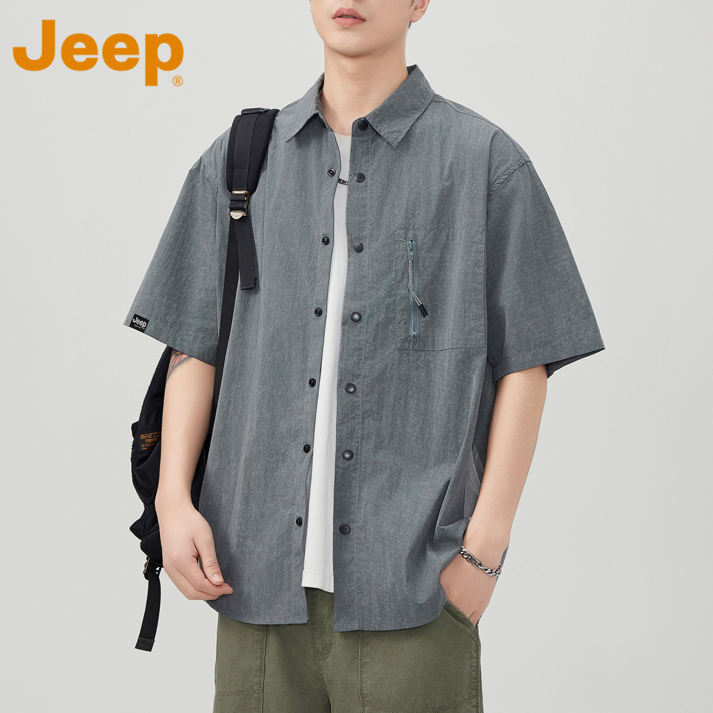 JEEP吉普美式拼接工装短袖衬衫男款夏季2026新款冰丝凉感休闲衬衣