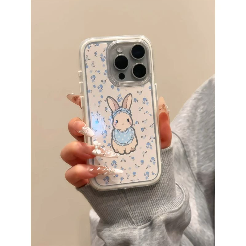 ins风白色碎花小兔手机壳适用苹果17/16promax二合一IPhone15/14plus小众小米17pro大孔Reno15/14软壳nova15