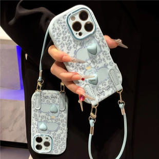 适用iPhone17/16promaxins风可爱蓝碎花小狗手机壳小米15/14挂绳华为pura80软壳vivos30保护套mate70女Reno14