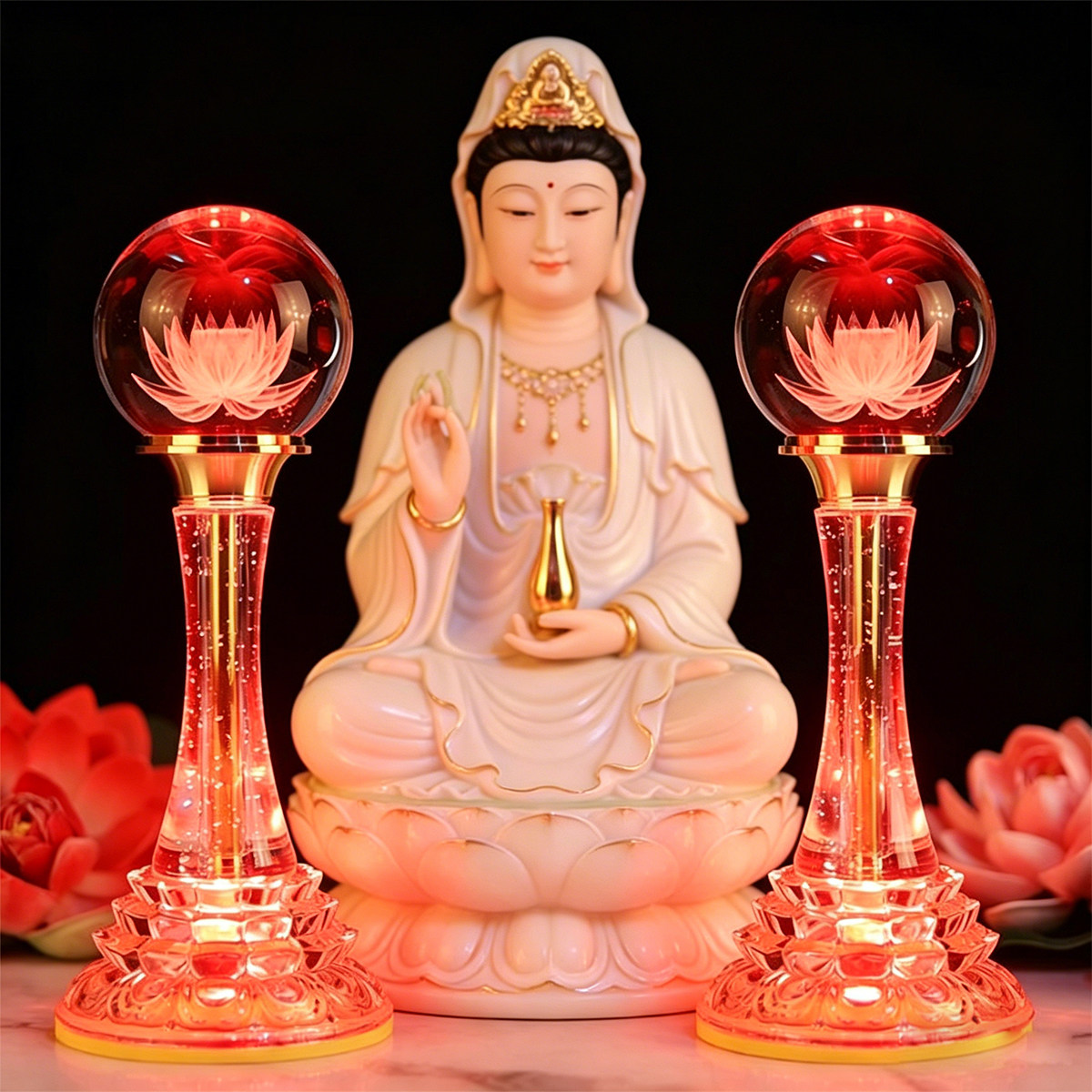 LED七彩水晶莲花灯家用长明佛供灯荷花灯佛台佛堂照明灯财神灯对