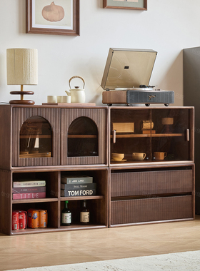 黑胡桃木组合柜实木收纳储物柜现代简约客厅展示柜几何电视柜矮柜