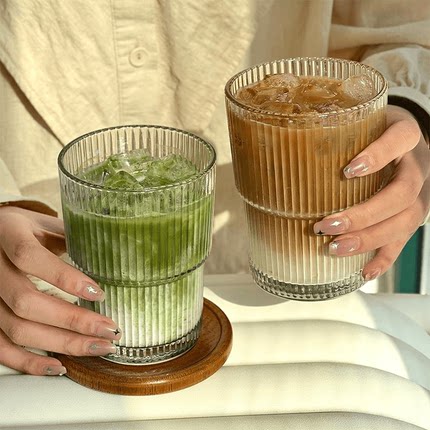 ins风竖条纹玻璃杯高颜值带盖吸管冷饮杯子新款女咖啡牛奶杯水杯