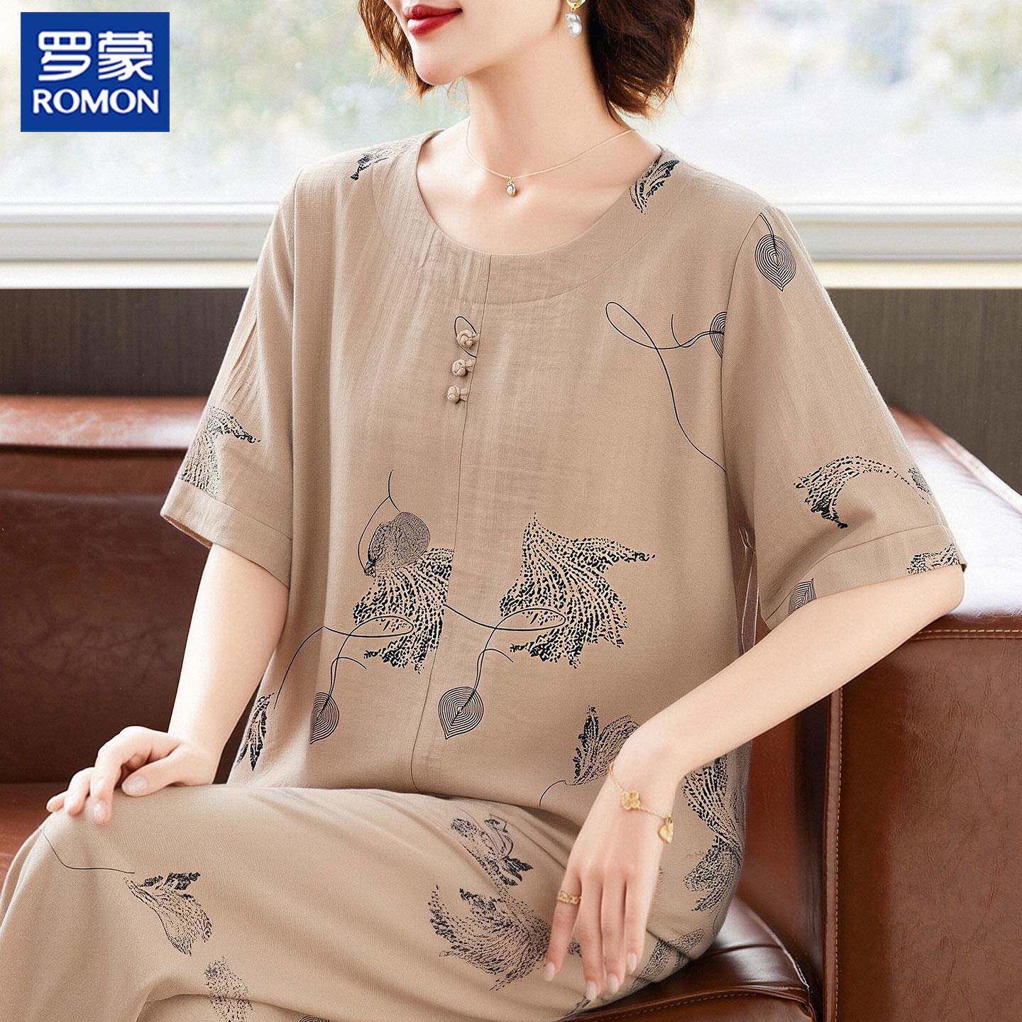 罗蒙国风妈妈夏装棉麻短袖新款洋气两件套中老年女夏季薄款上衣服