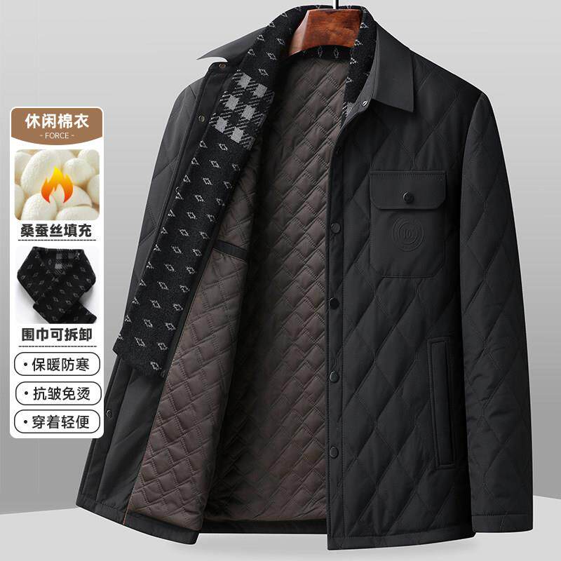 罗蒙秋冬季翻领桑蚕丝棉衣男士加厚商务休闲保暖外套青年棉服袄子