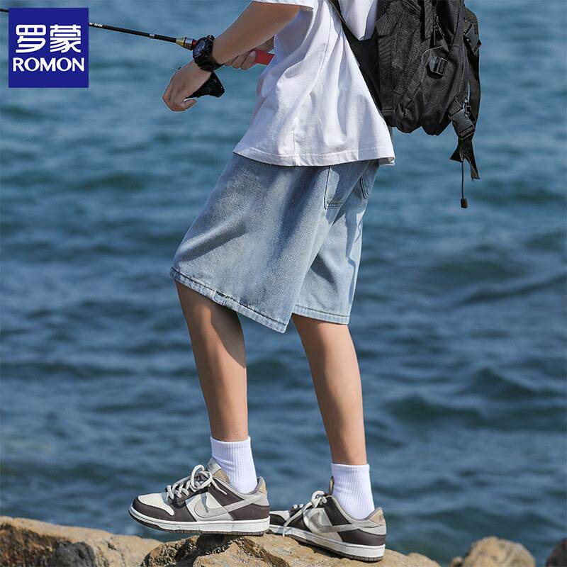 罗蒙牛仔短裤男夏季薄款宽松直筒百搭2025新款休闲五分沙滩裤子潮