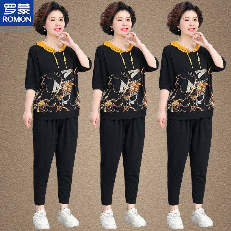 罗蒙中年妈妈夏装休闲运动服套装洋气大码中老年女夏季卫衣两件套