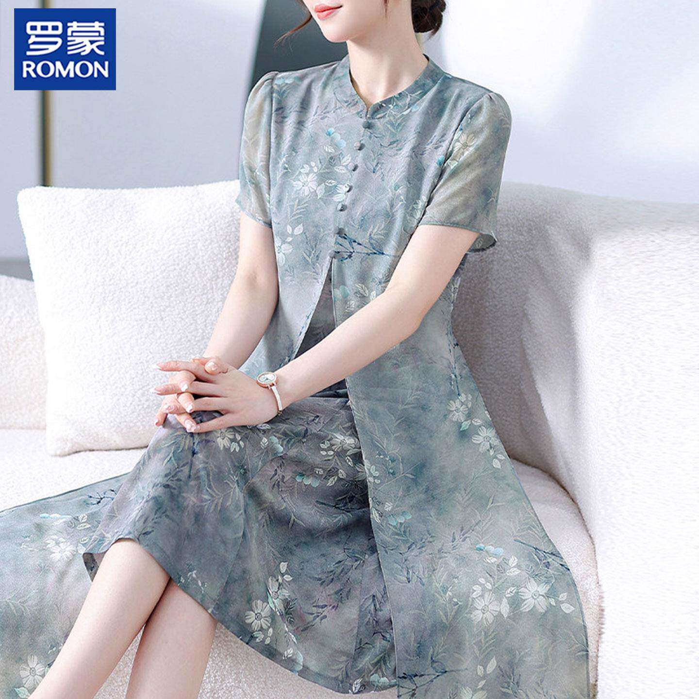 罗蒙中年妈妈夏装连衣裙新中式改良旗袍中老年女装夏季花色长裙子