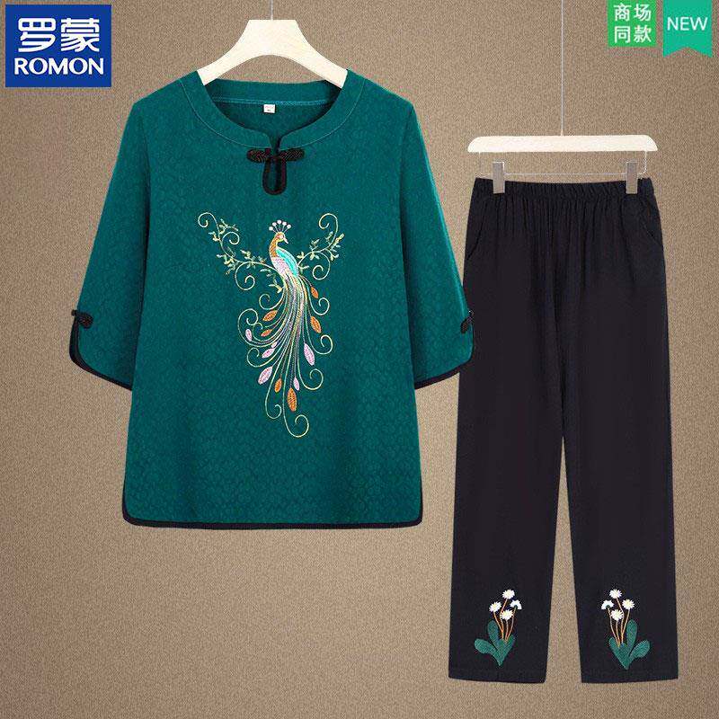 罗蒙中老年人夏装套装女妈妈国风两件套老太太衣服奶奶中袖薄小衫