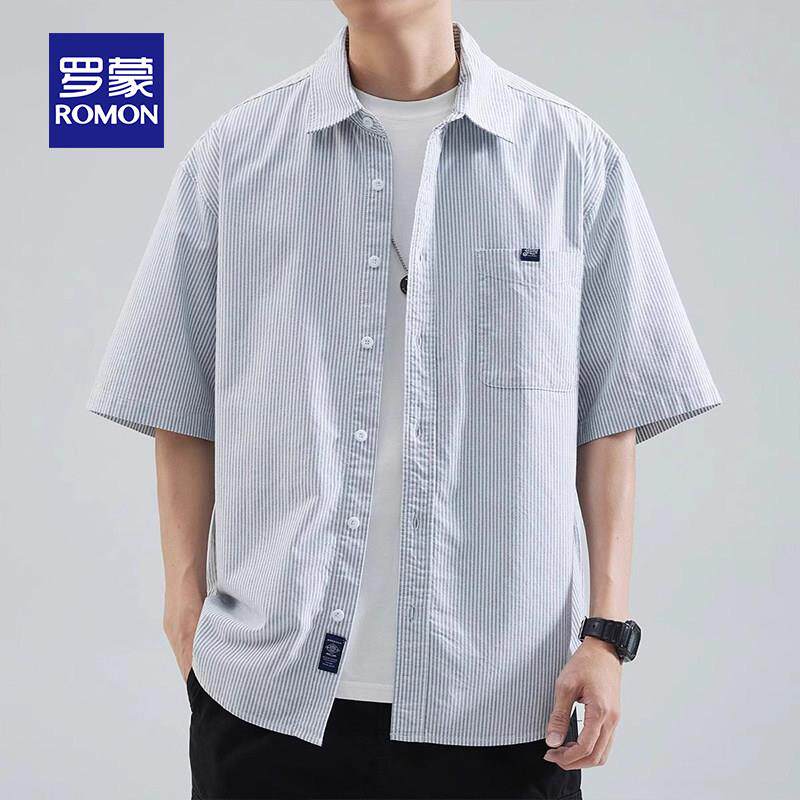 罗蒙2026新款竖条纹短袖衬衫夏季男棉质百搭宽松休闲翻领衬衫上衣