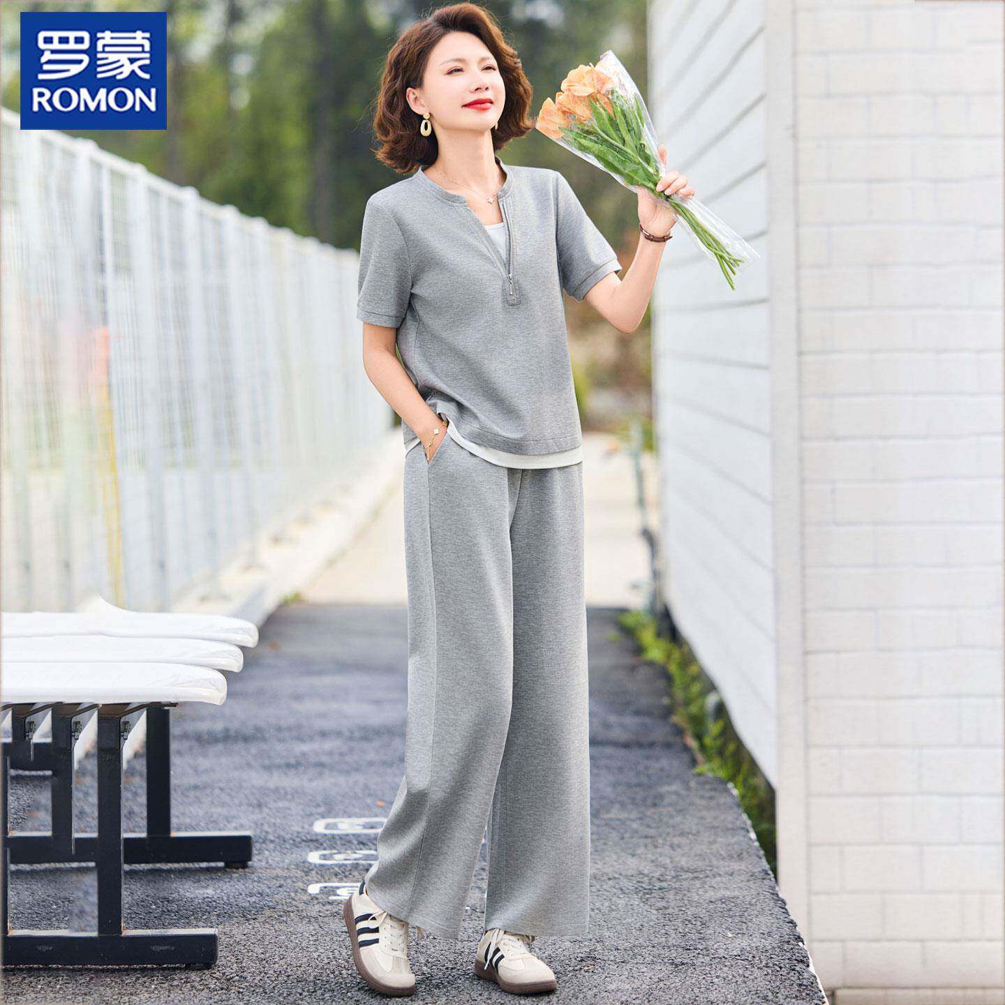 罗蒙妈妈夏装两件套中年短袖衣服大码中老年运动套装女夏季母亲节