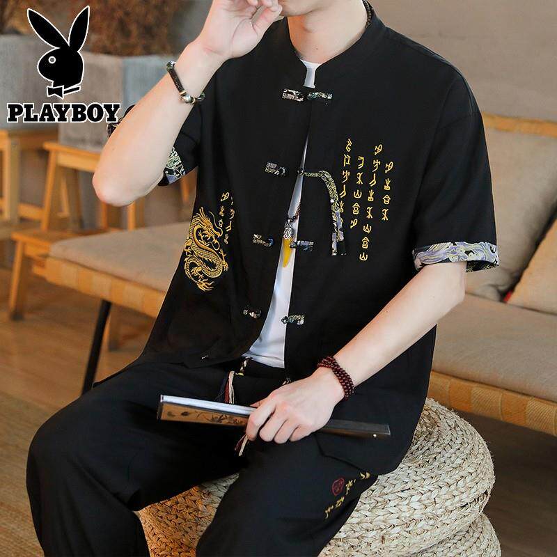 花花公子中国风套装男士夏季新款立领两件套国潮休闲短袖衬衫唐装
