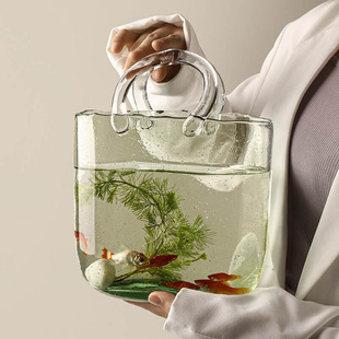 贝汉美轻奢网红手提篮包包玻璃花瓶摆件客厅插花创意鱼缸家居装 饰