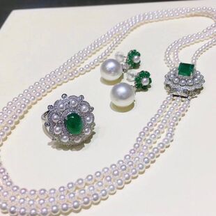 宫廷风珍珠三件套装 淡水珍珠祖母绿拼镶项链耳环戒指