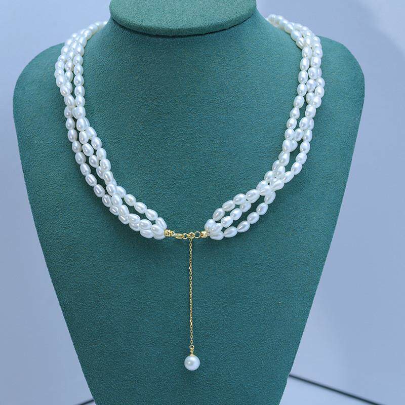 淡水小米链强光白色微瑕三排珍珠项链吊坠麻花缠绕款一款多戴设计