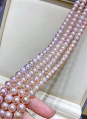 优雅爱迪生紫珍珠项链 天然原色粉紫色珍珠皮光干净8-9mm自留送礼