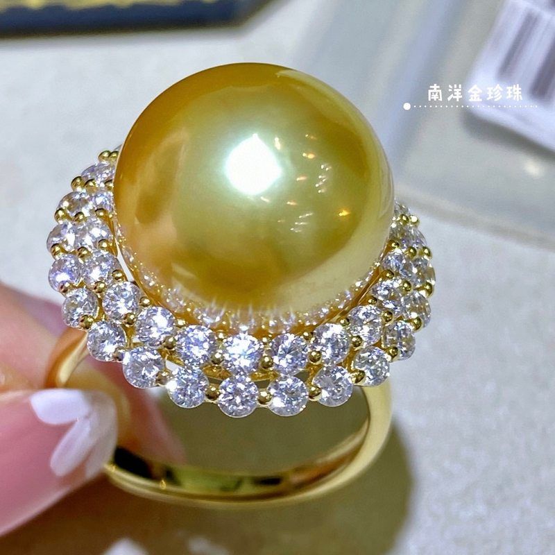 大尺寸南洋海水金珍珠戒指925银镀金 13-14mm菲律宾浓金珠手饰