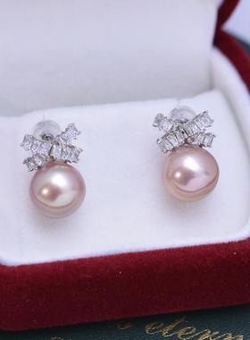 淡水紫色9-10mmS925银正圆强光细微瑕珍珠耳钉耳饰女性搭配时尚