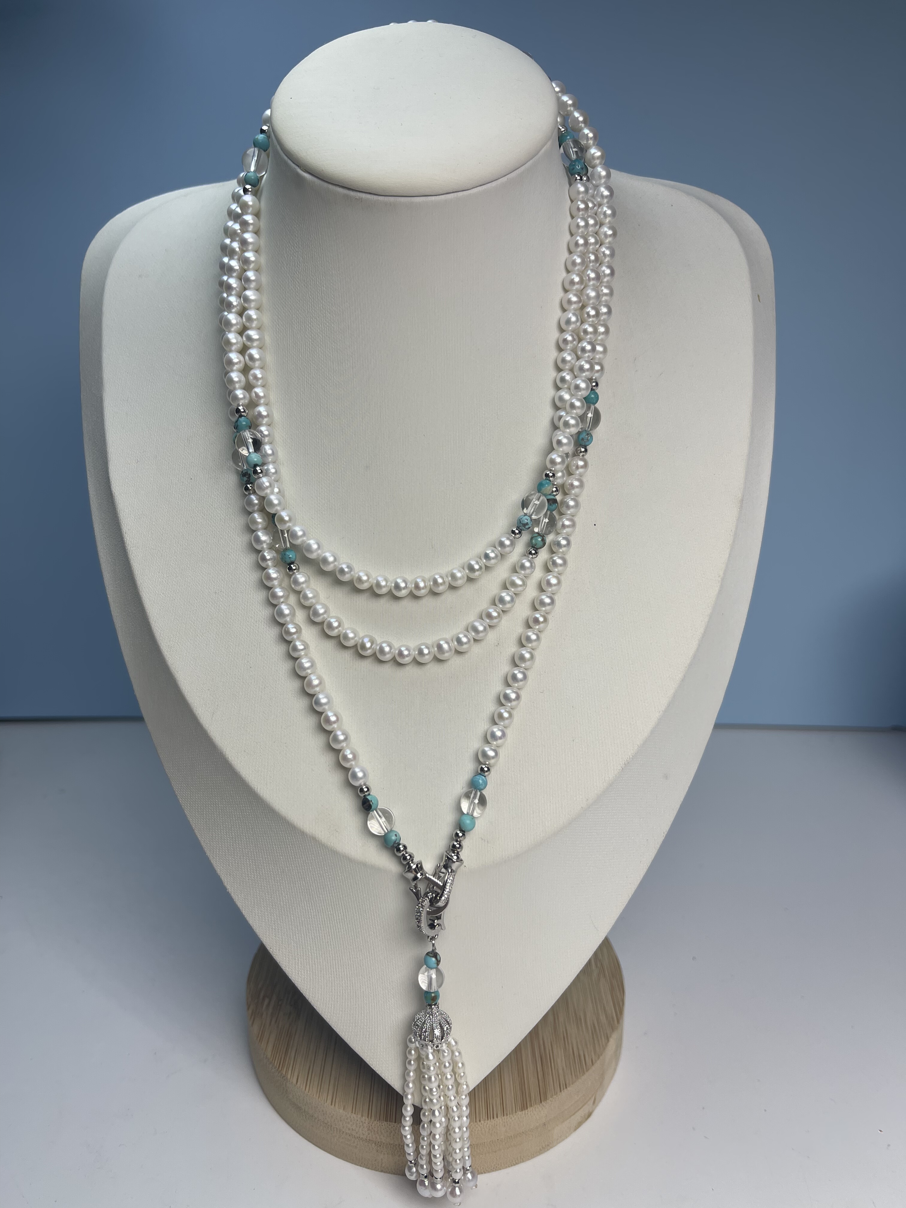 福利不退换淡水珍珠绿松石白水晶毛衣链，S925银，吊坠配件为铜配