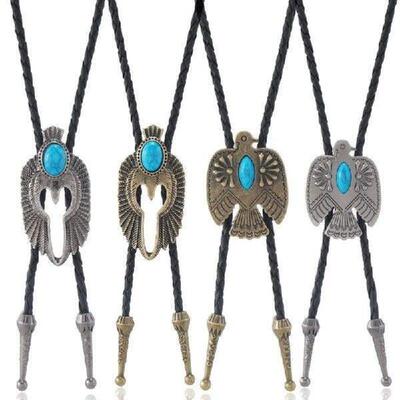 4Pcs Punk Stone Cowboy Bolo Tie Western Faux Leather Rope