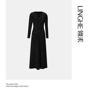 中国风优雅连衣裙秋季 显瘦过膝大摆裙女 黑色高端气质长裙修身 新款