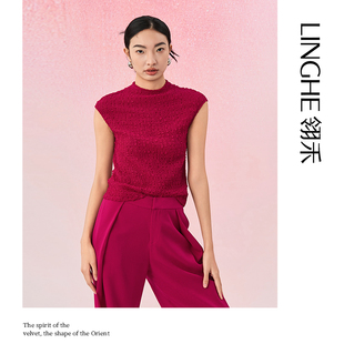 翎禾LINGHE-「艳南枝」半高领包肩无袖上衣通勤显瘦短款时尚夏季